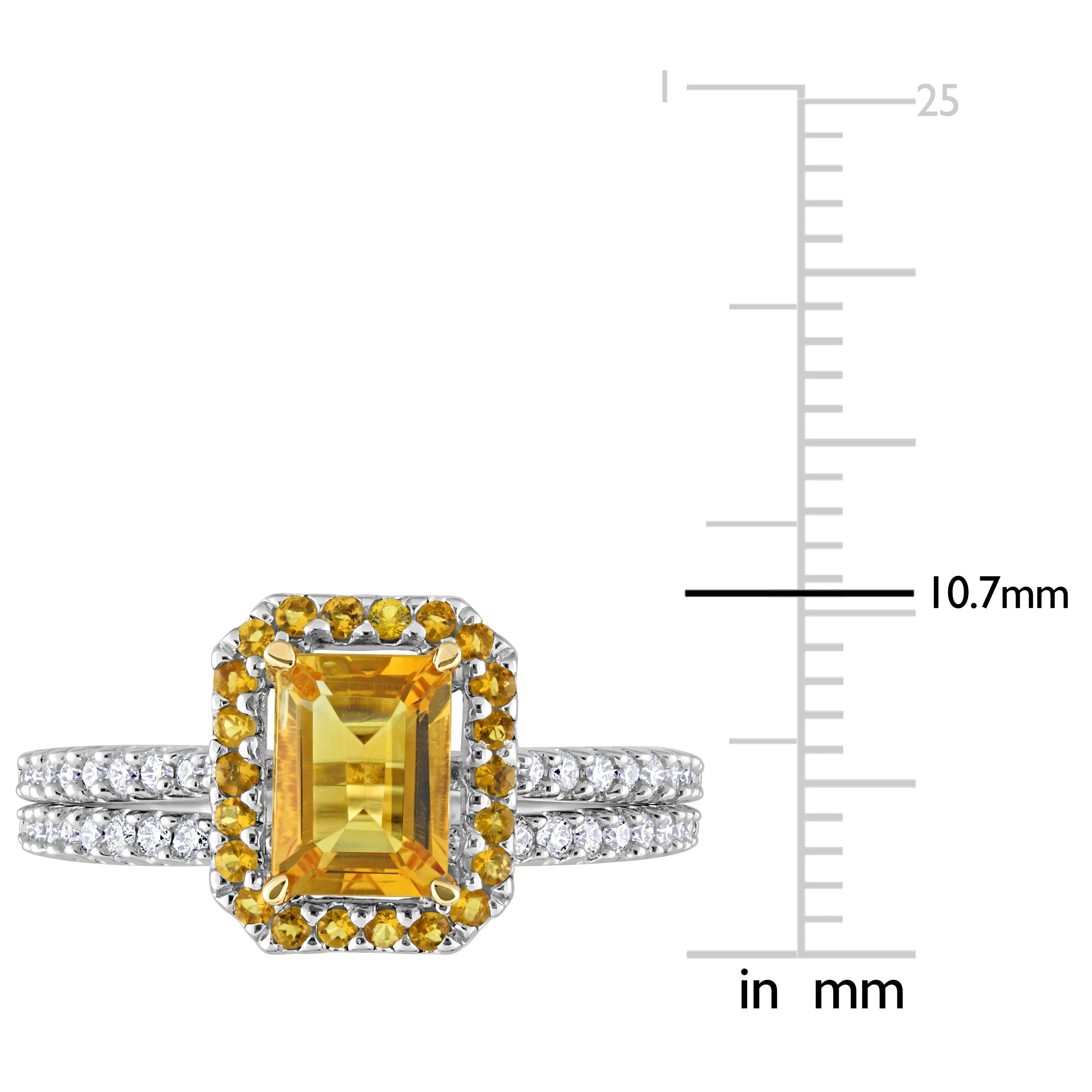 1 1/3 CT TGW Octagon Citrine and 1/4 CT TW Diamond Halo Bridal Ring Set in 14k White and Yellow Gold