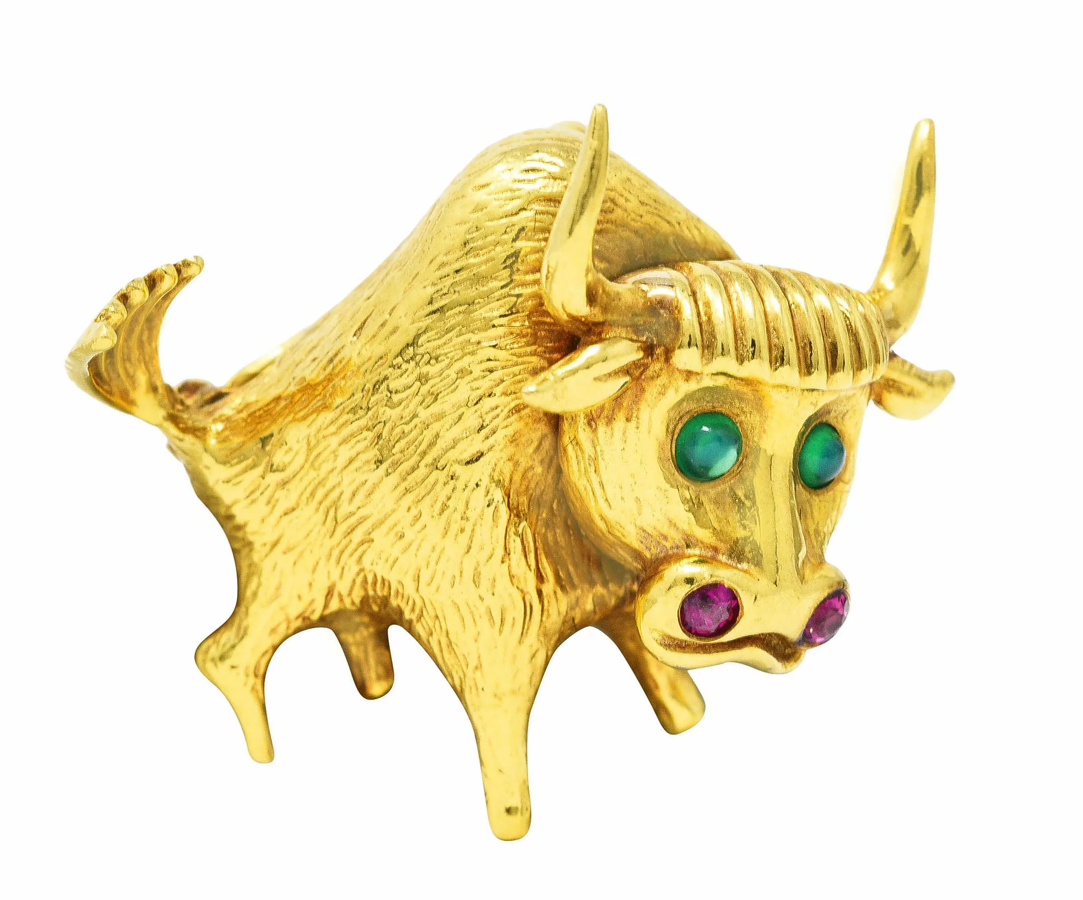 1960's Ruby Emerald 18 Karat Yellow Gold Bull Vintage Brooch