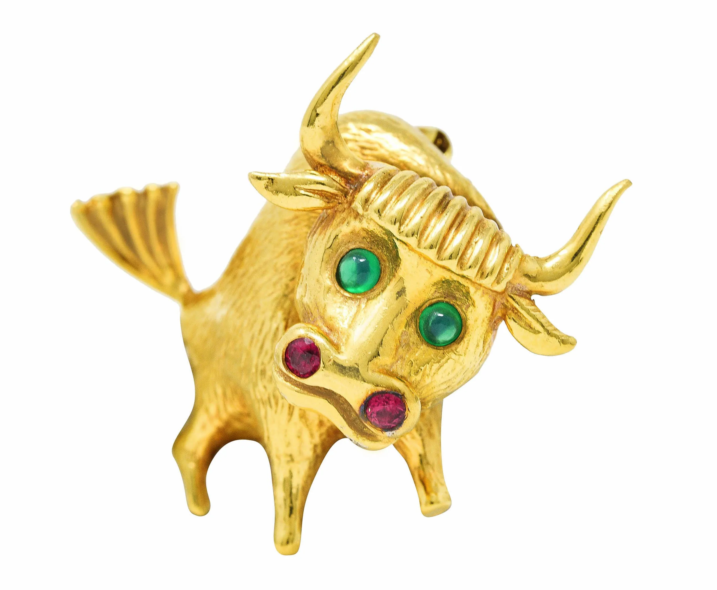 1960's Ruby Emerald 18 Karat Yellow Gold Bull Vintage Brooch