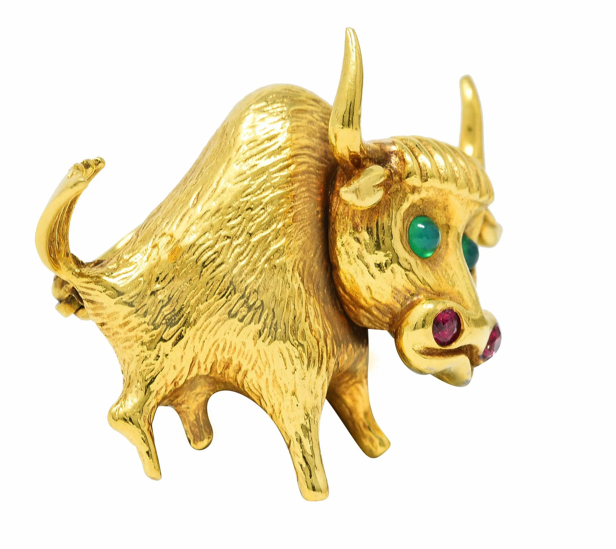 1960's Ruby Emerald 18 Karat Yellow Gold Bull Vintage Brooch