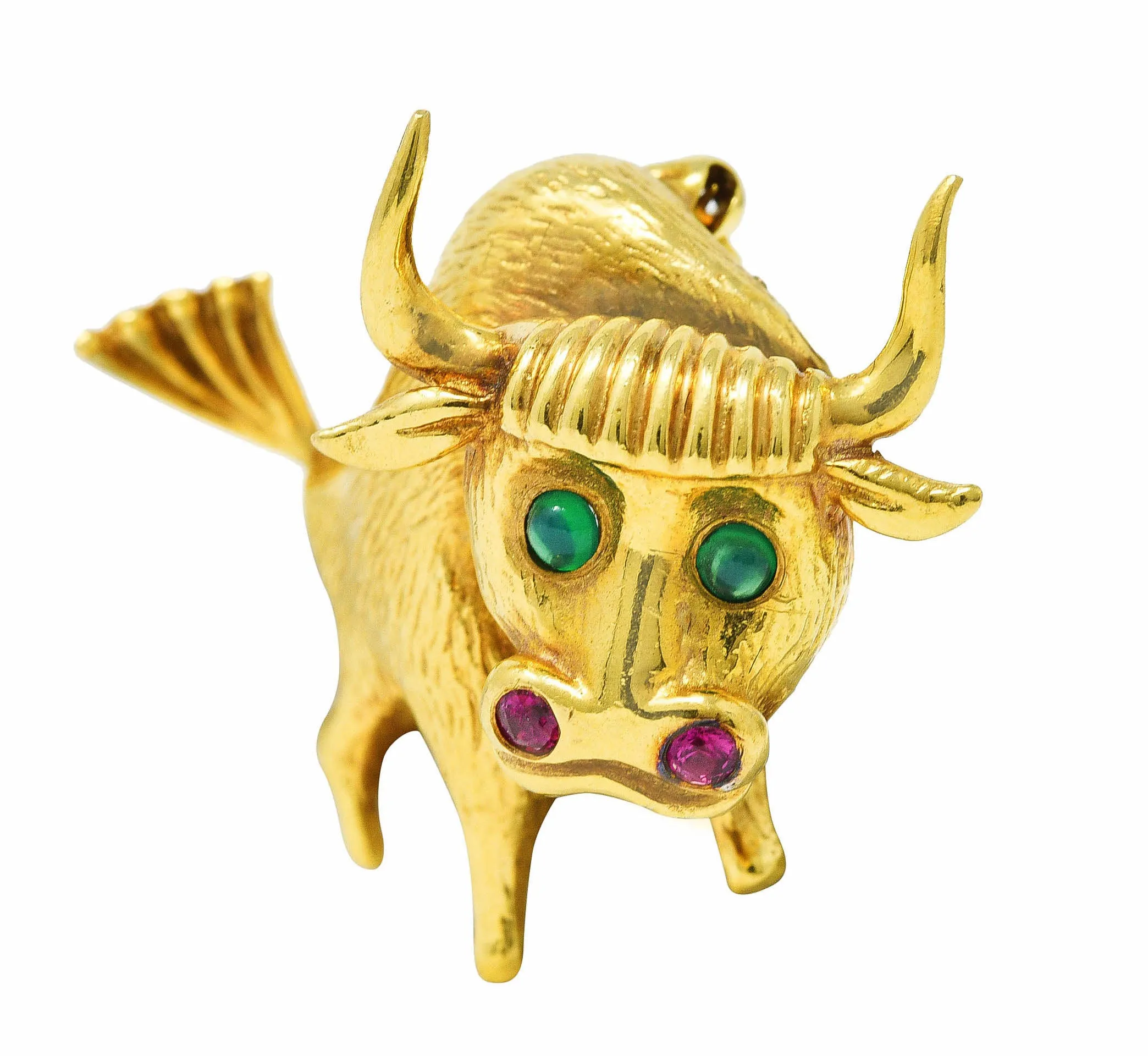 1960's Ruby Emerald 18 Karat Yellow Gold Bull Vintage Brooch