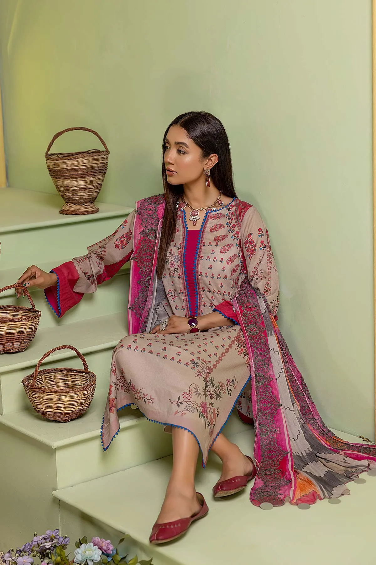 3 Pc Charizma Lawn Printed Suit with Embroidered Dupatta PEC22-74