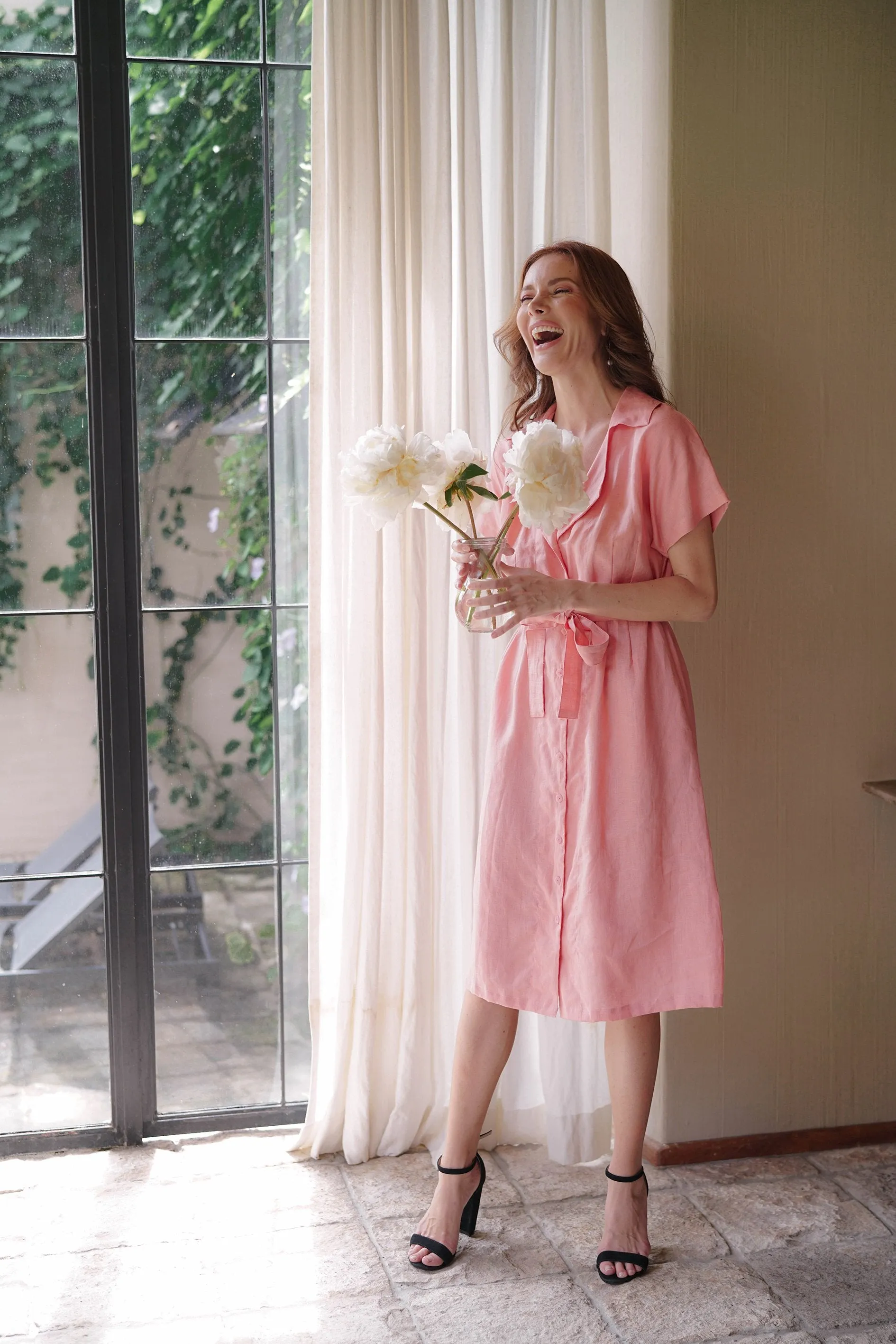 ARYA Safari Linen Midi Dress, in Salmon Pink