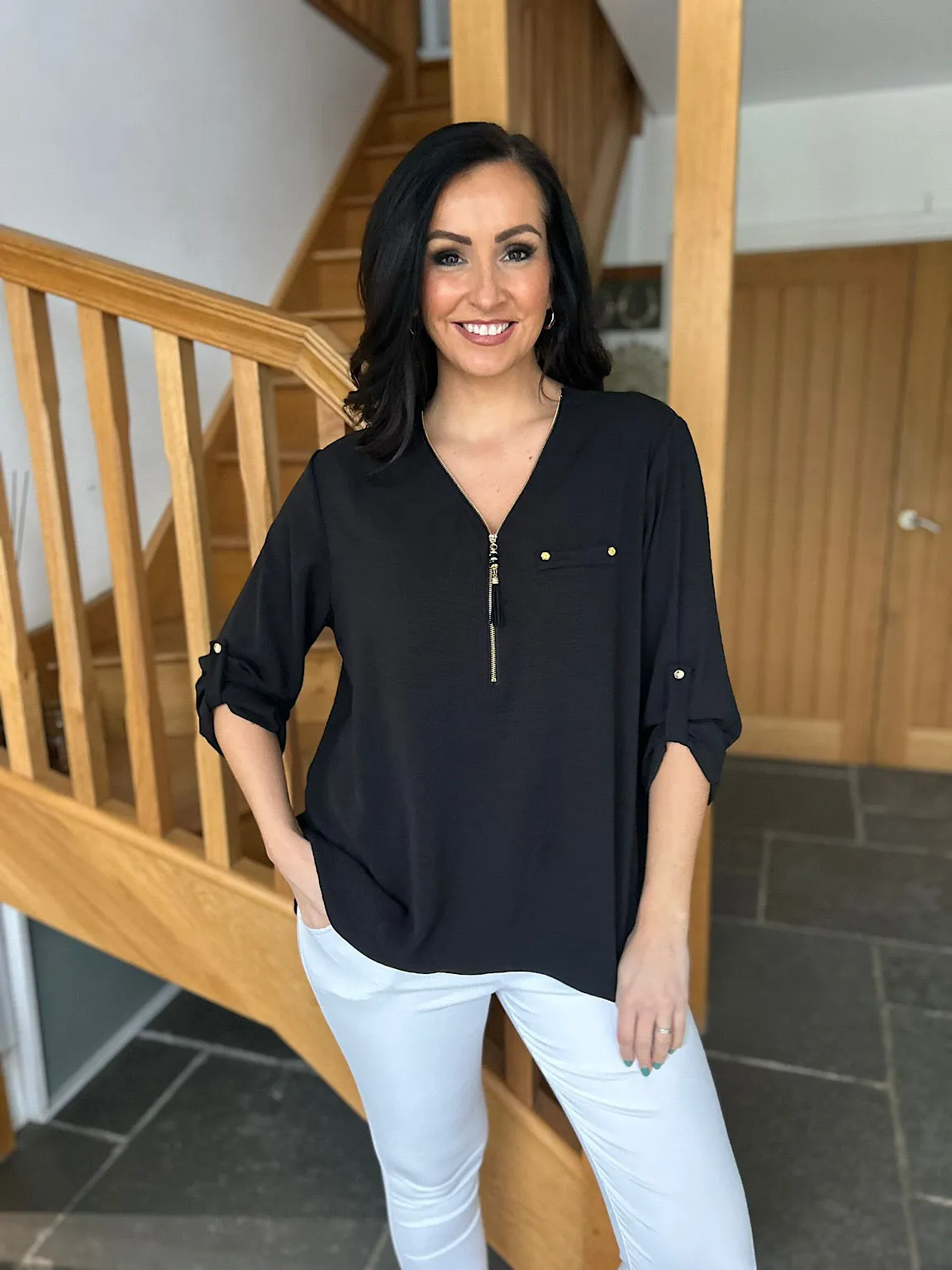 Black Crepe Tassel Zip Blouse Kelly