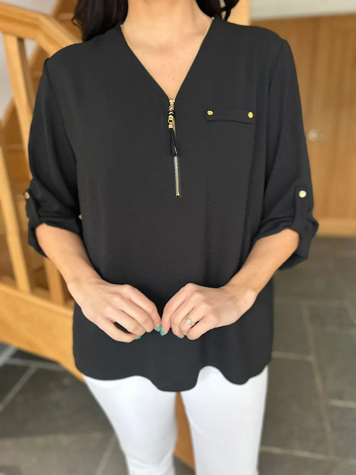 Black Crepe Tassel Zip Blouse Kelly