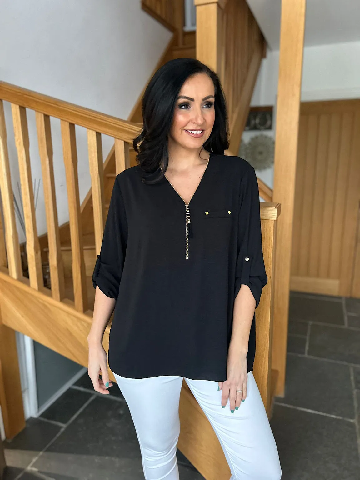 Black Crepe Tassel Zip Blouse Kelly