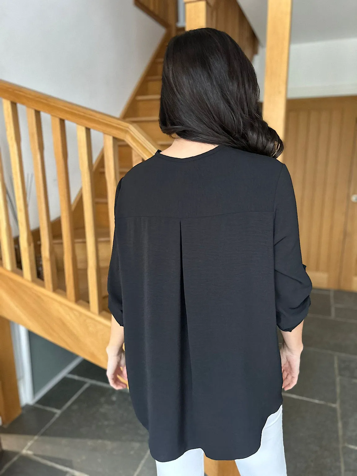 Black Crepe Tassel Zip Blouse Kelly