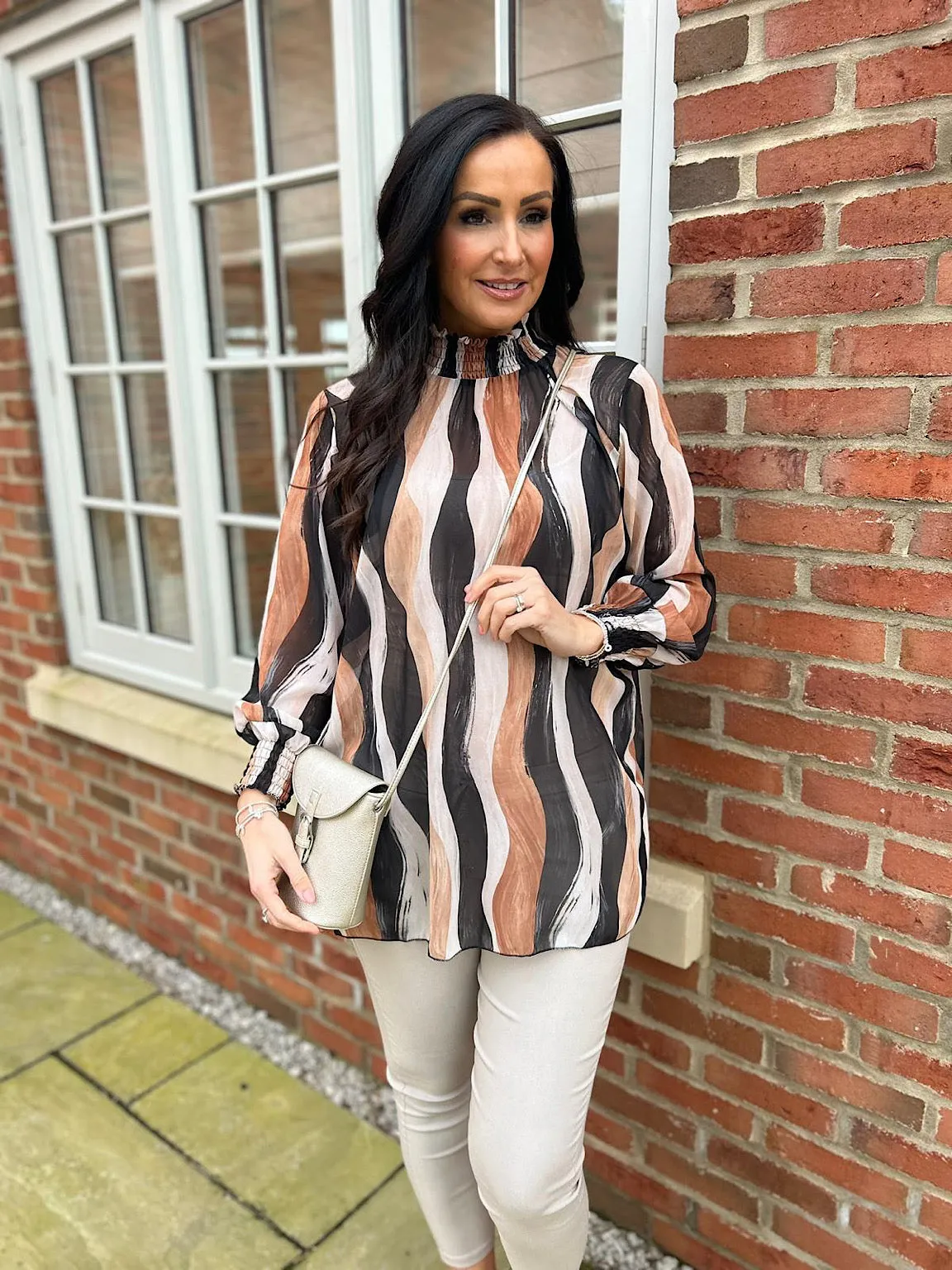 Black High Neck Brushstroke Stripe Blouse Susan