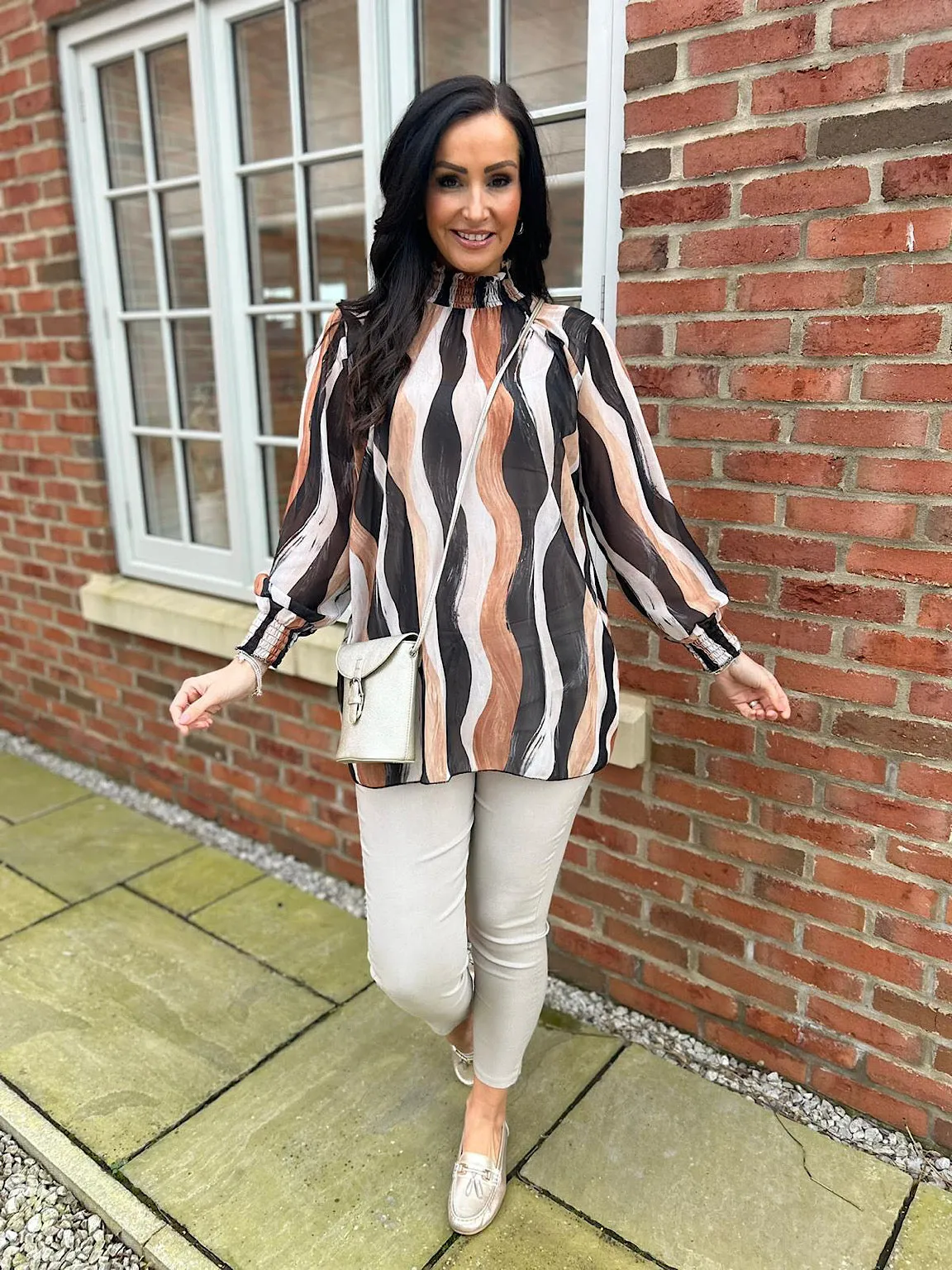 Black High Neck Brushstroke Stripe Blouse Susan