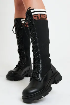 Black PU Faux Leather Contrast Detailing Knee High Boots - Bevie