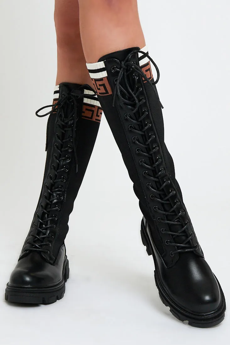 Black PU Faux Leather Contrast Detailing Knee High Boots - Bevie