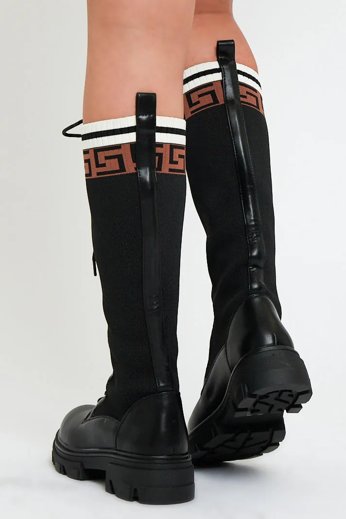 Black PU Faux Leather Contrast Detailing Knee High Boots - Bevie