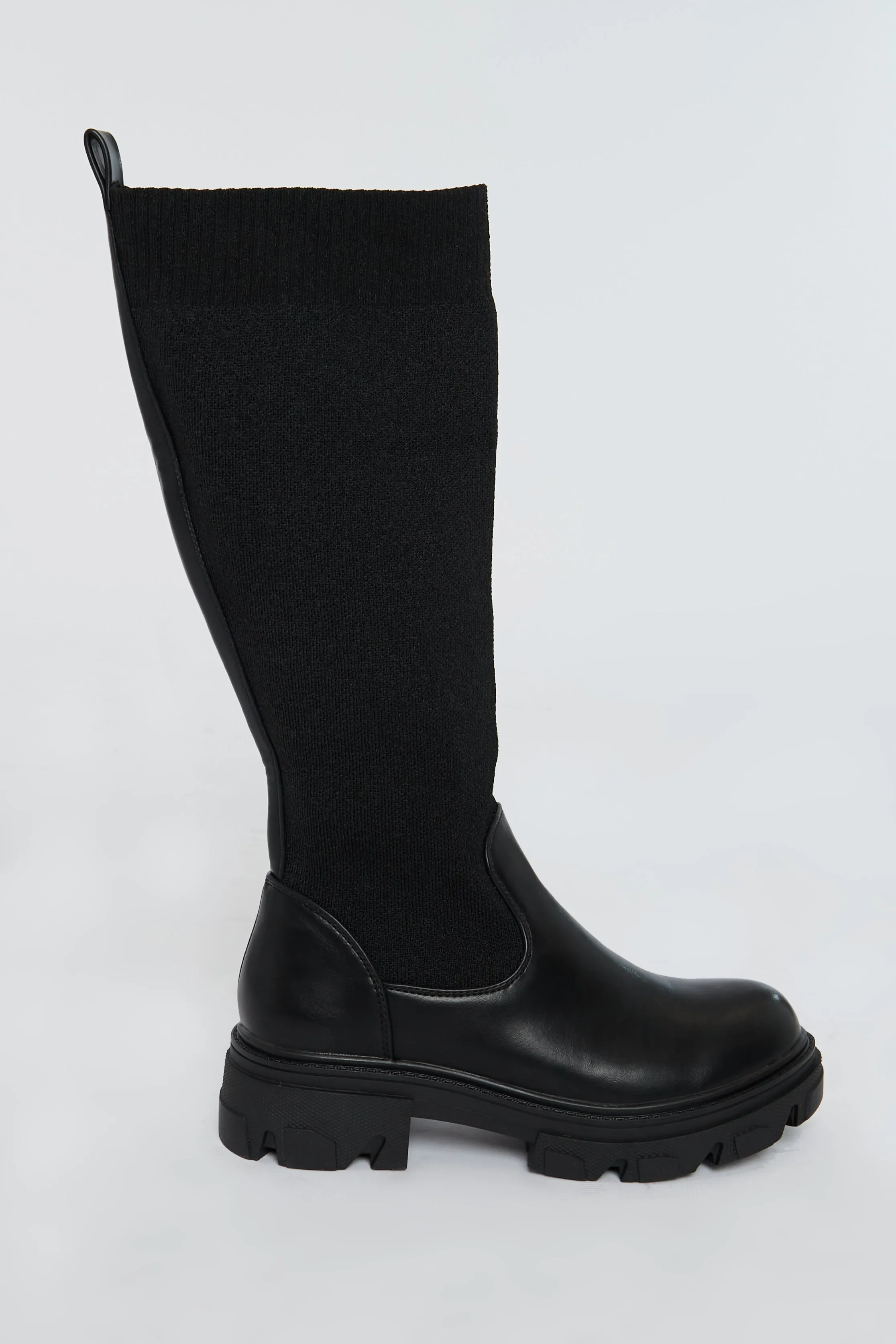 Black PU Faux Leather Flyknit Knee High Boots - Mina