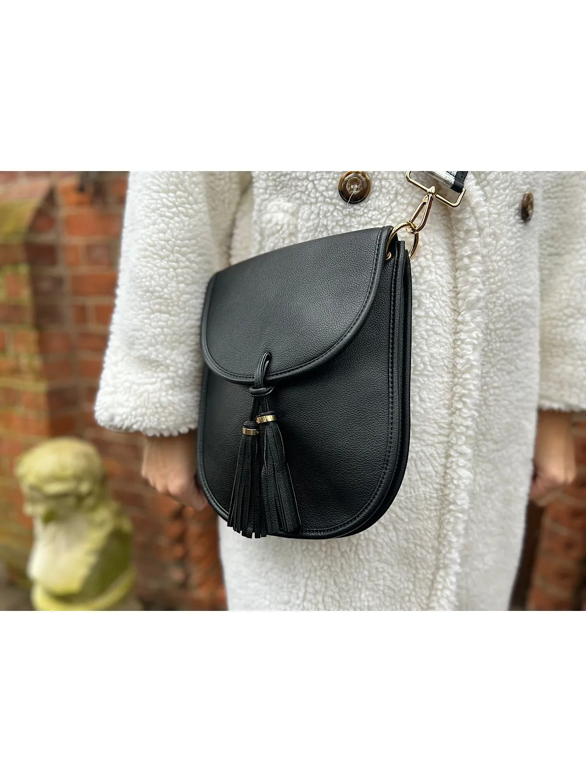 Black Strap Detail Tassel Bag