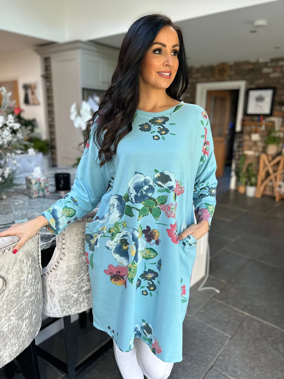 Blue Flower Patterned Pocket Tunic Danni