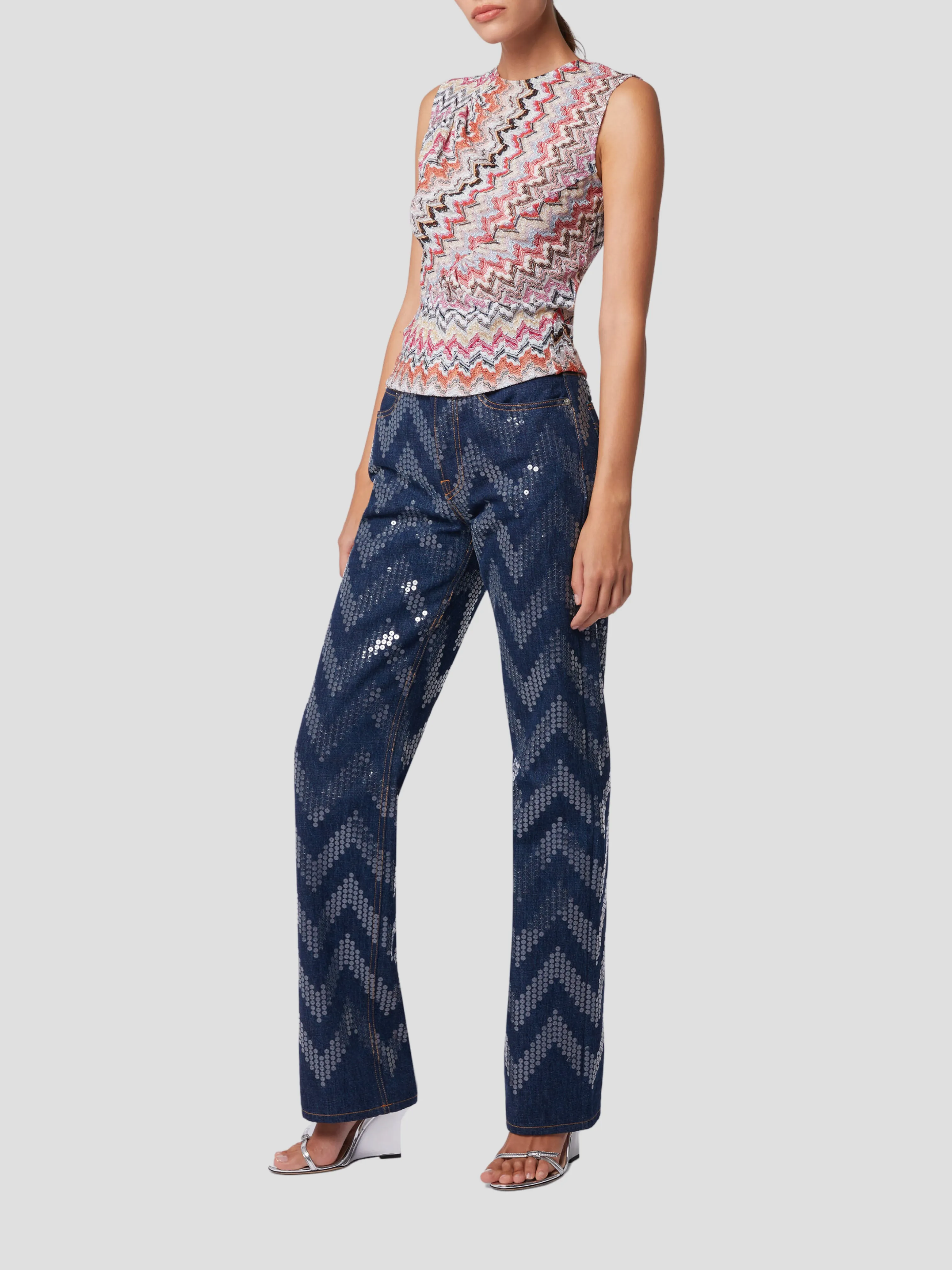 Blue Sequins Zig Zag Embroidery Denim Pant