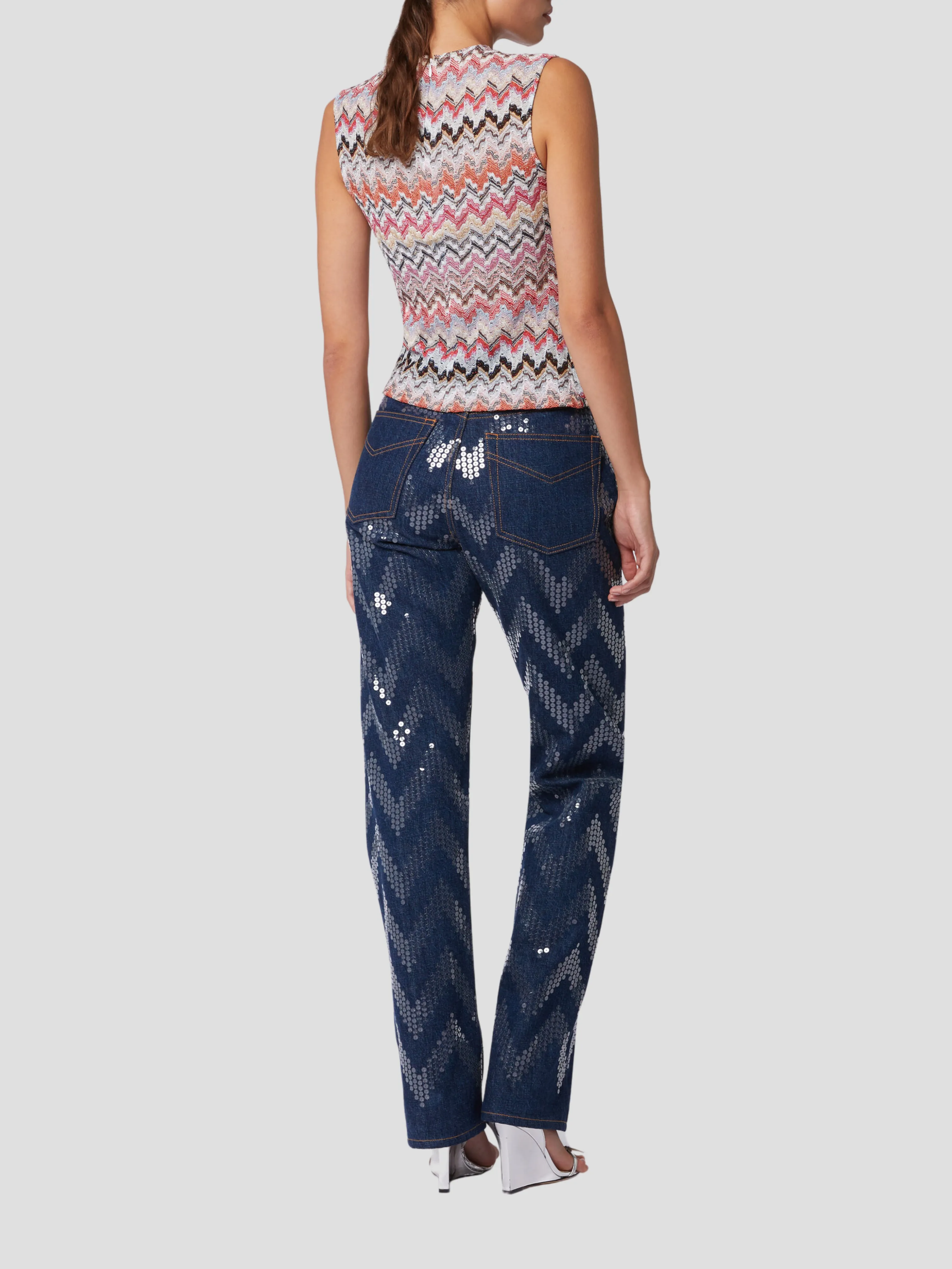 Blue Sequins Zig Zag Embroidery Denim Pant