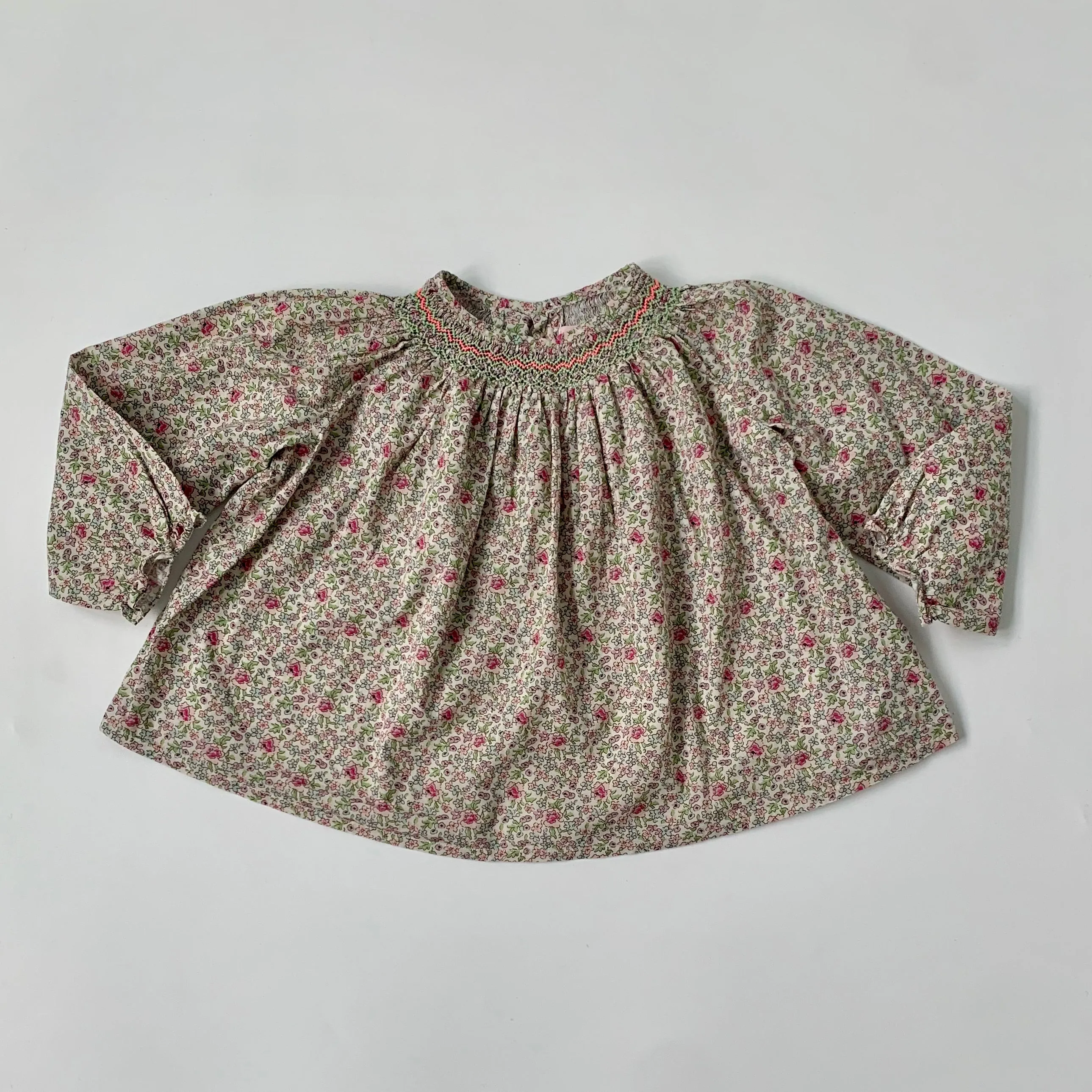 Bonpoint Hand Smocked Liberty Print Blouse With Neon: 2 Years