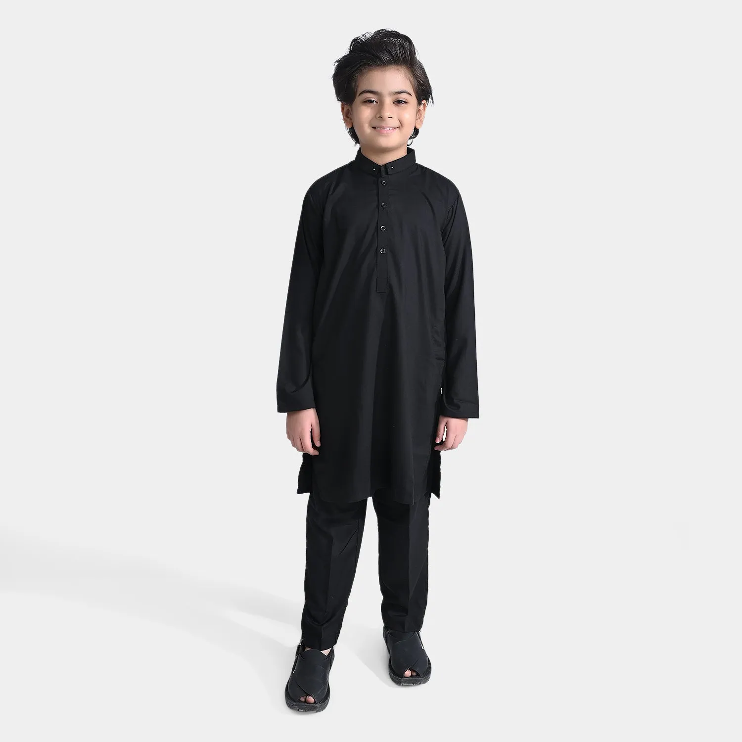 Boys Poly Viscose Shalwar Suit (Double Band Collar)-BLACK