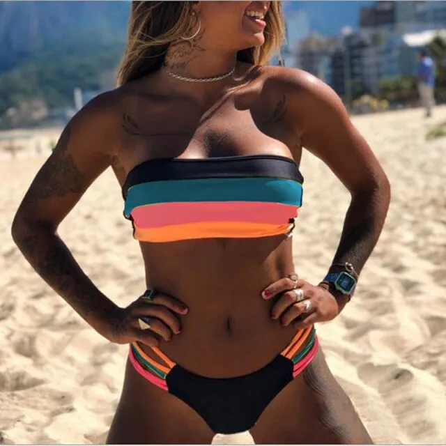 Brazilian Bikini Set for Women Sexy Strapless Striped Bandeau Swimming Suit