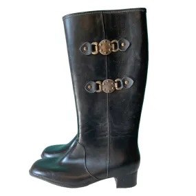 Buckle Trimmed Black Rubber Rain Boots circa 1970s US 9