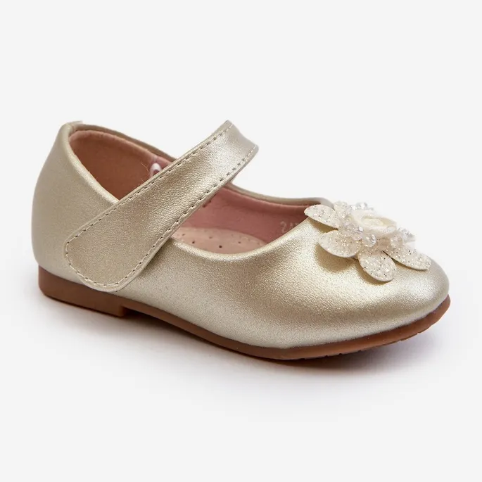 Children's ballerina shoes fastened with Velcro and gold serinde decoration golden