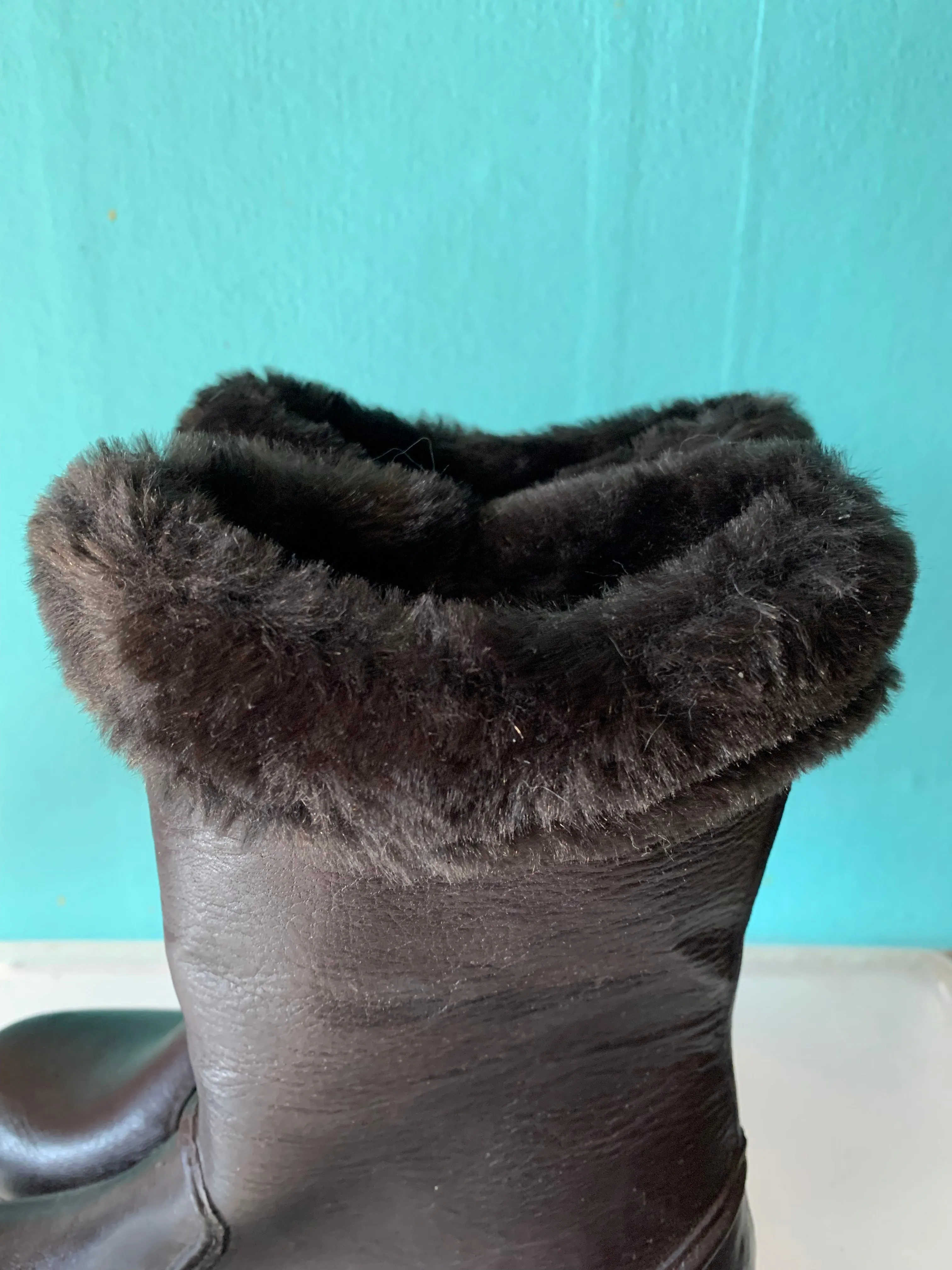 Deep Chocolate Brown Rubber Calf High Faux Fur Trimmed Rain Boots circa 1970s 6