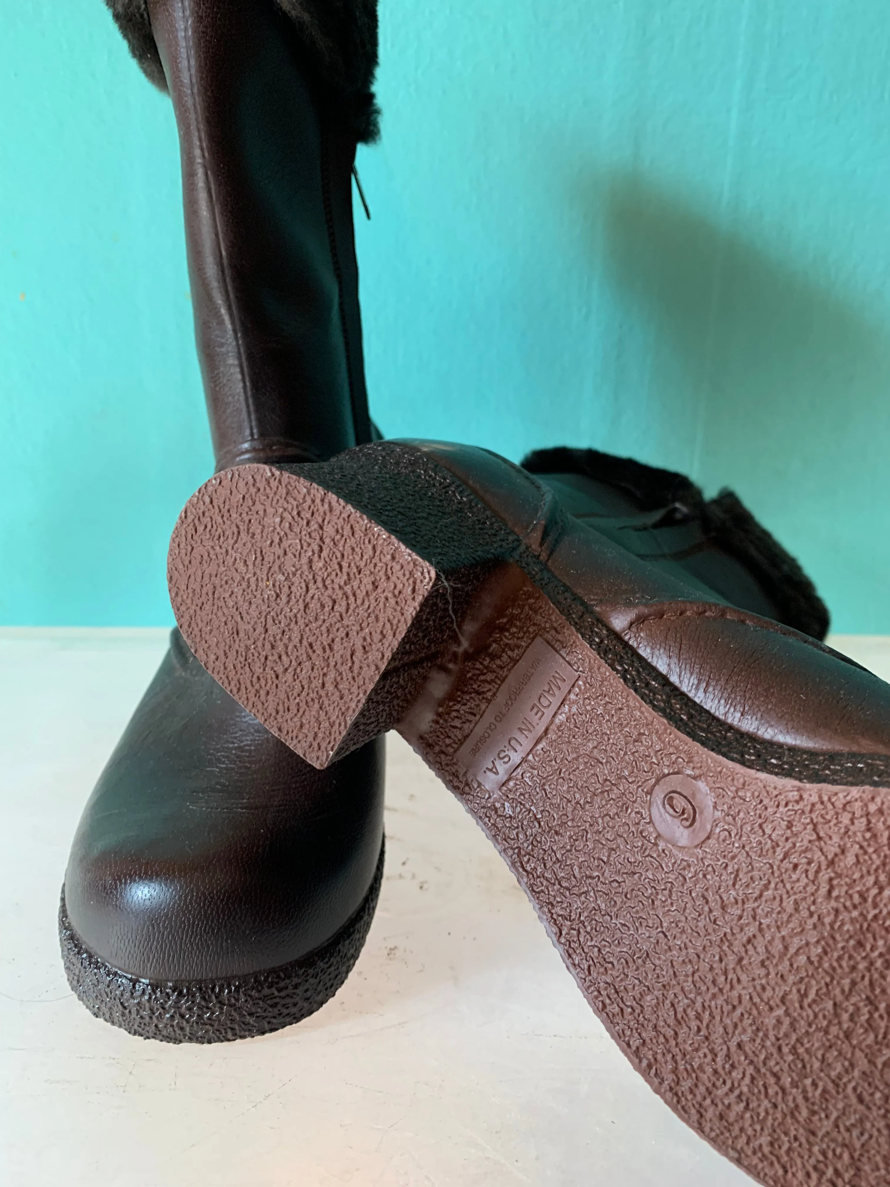 Deep Chocolate Brown Rubber Calf High Faux Fur Trimmed Rain Boots circa 1970s 6