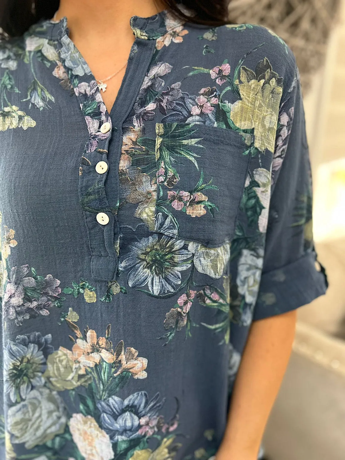 Denim Flower Button Detail Blouse Eve