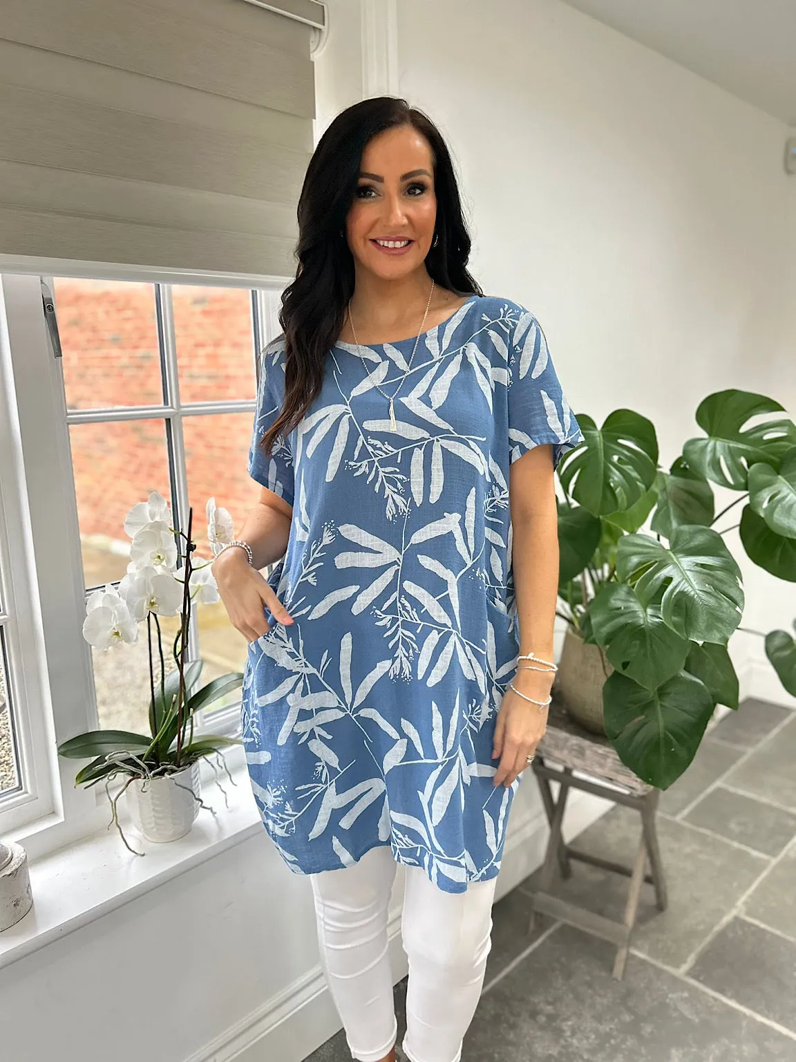 Denim Leaf Pattern Pocket Dress Rebecca