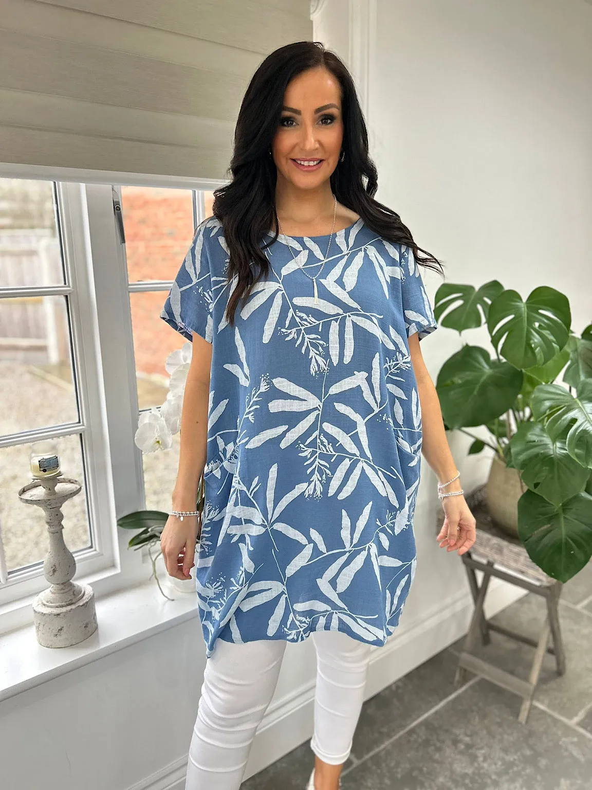 Denim Leaf Pattern Pocket Dress Rebecca