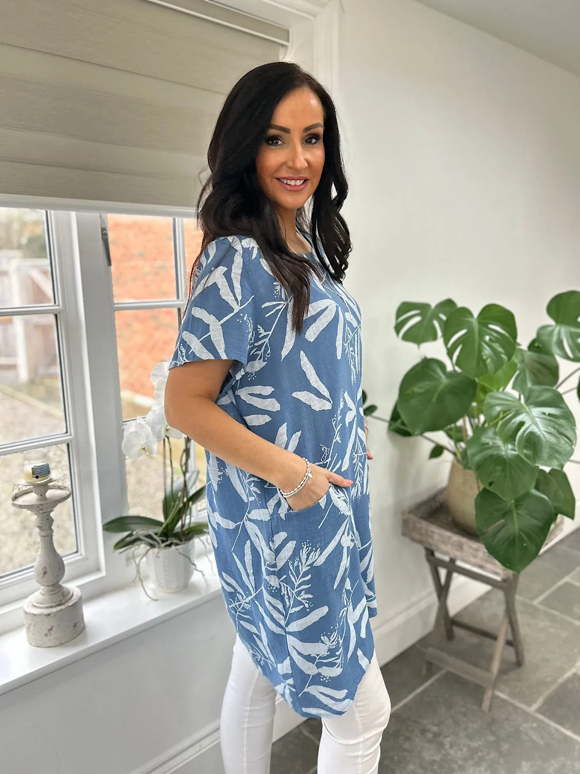 Denim Leaf Pattern Pocket Dress Rebecca