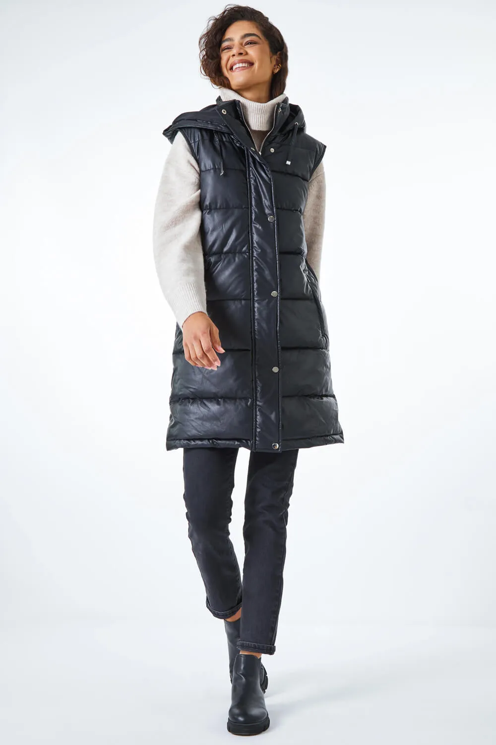 Faux Leather Longline Quilted Gilet in Black - Roman Originals UK