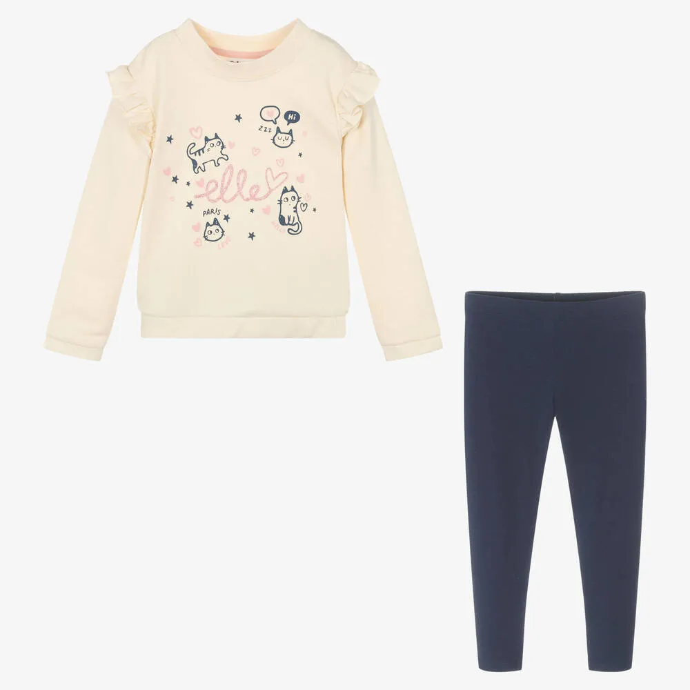 Girls Ivory & Blue Leggings Set