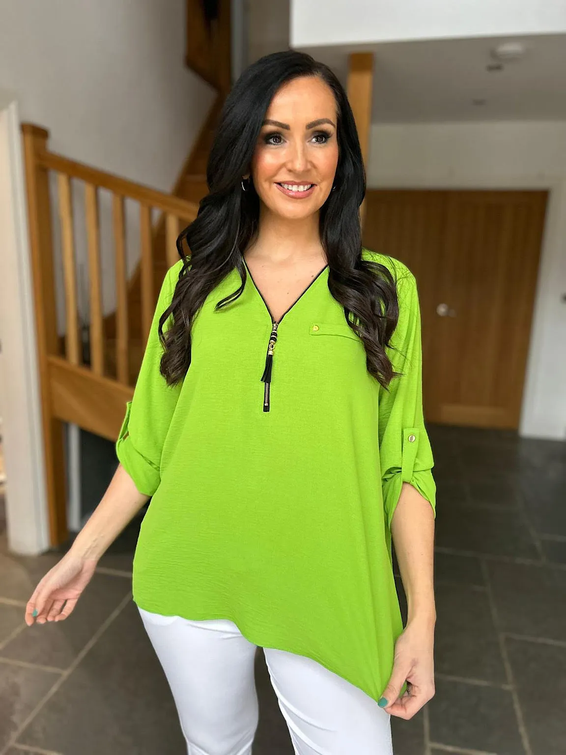 Green Crepe Tassel Zip Blouse Kelly