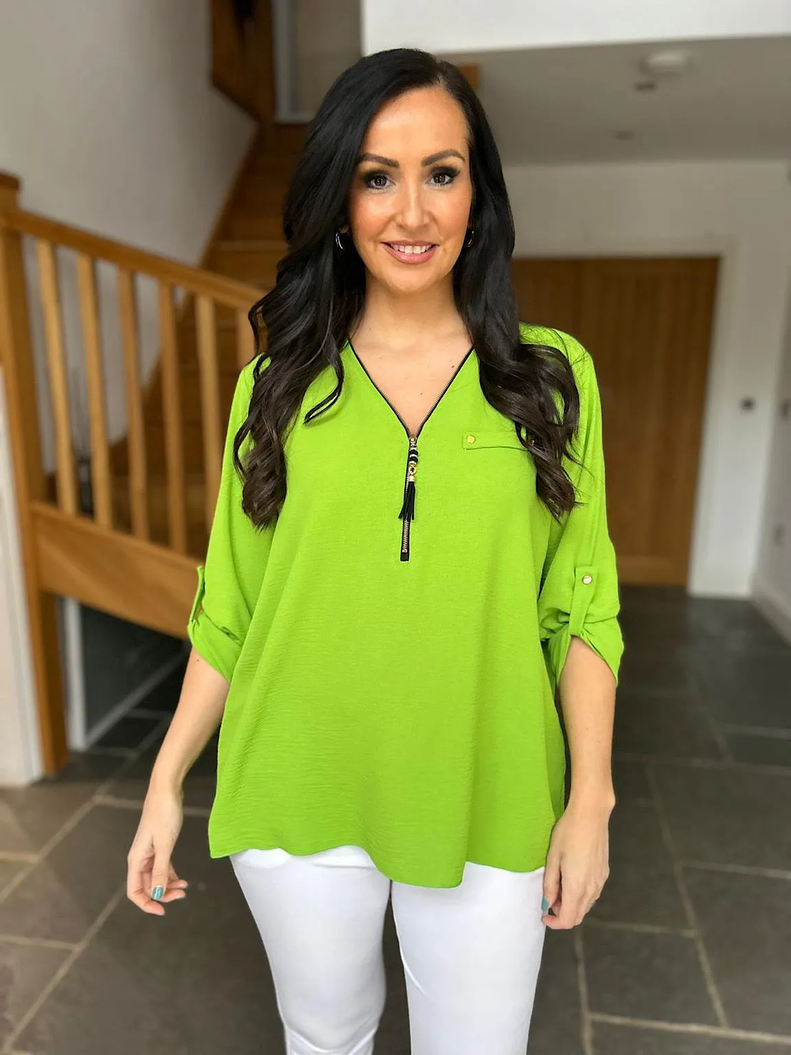 Green Crepe Tassel Zip Blouse Kelly