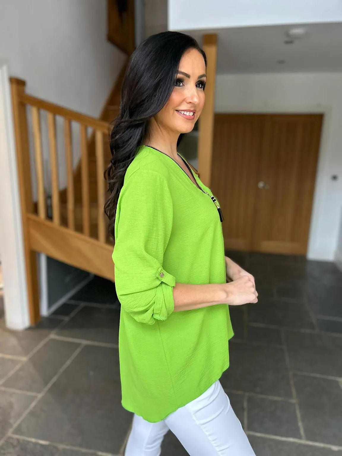 Green Crepe Tassel Zip Blouse Kelly