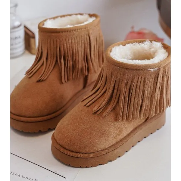 Insulated children's snow boots with decorative fringes Camel Nimia brown