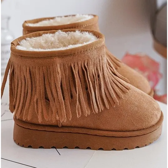 Insulated children's snow boots with decorative fringes Camel Nimia brown