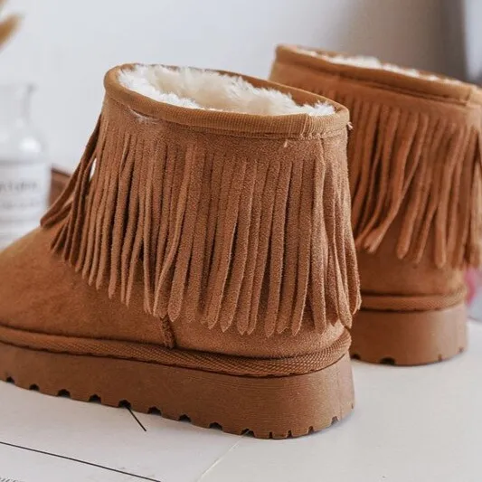 Insulated children's snow boots with decorative fringes Camel Nimia brown