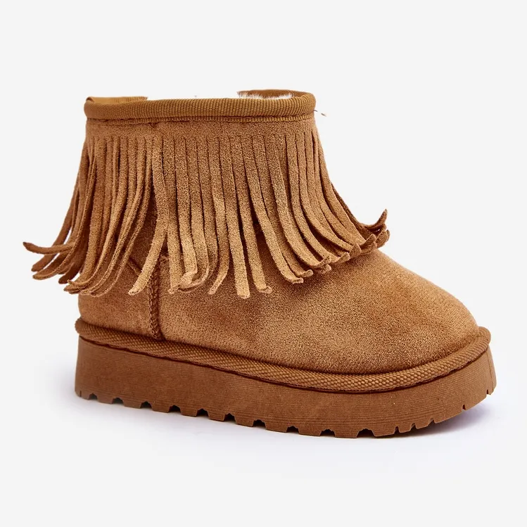 Insulated children's snow boots with decorative fringes Camel Nimia brown