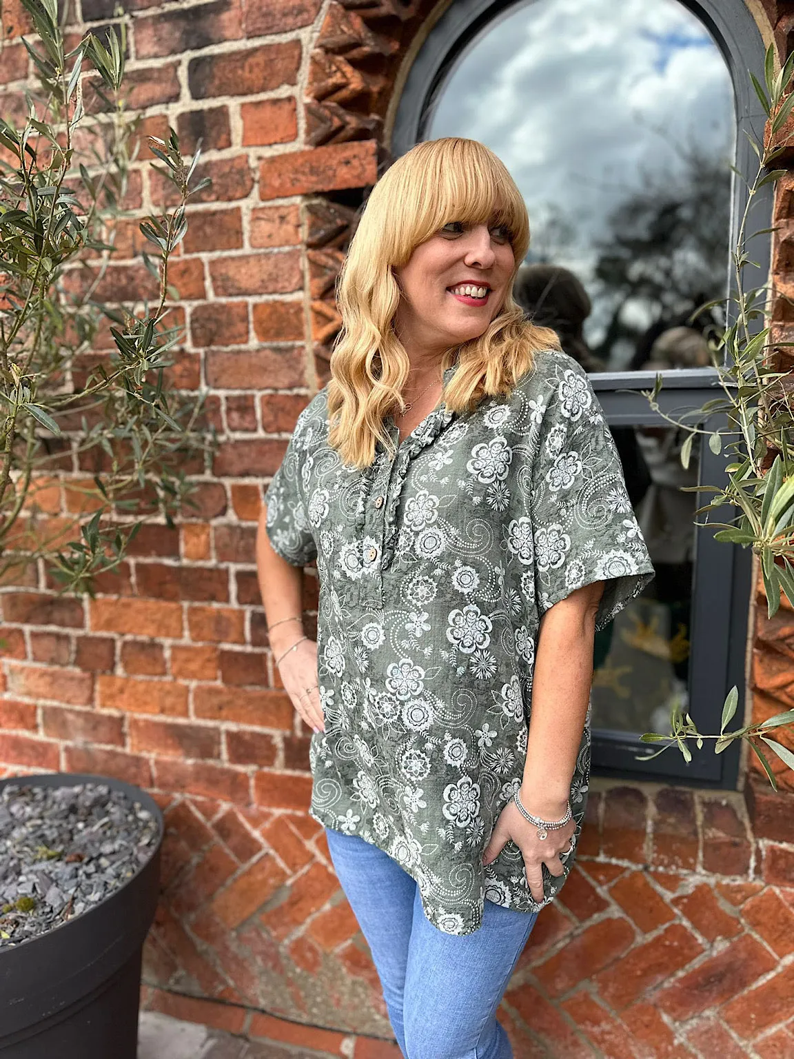 Khaki Floral Patterned Frill Button Top Lisa