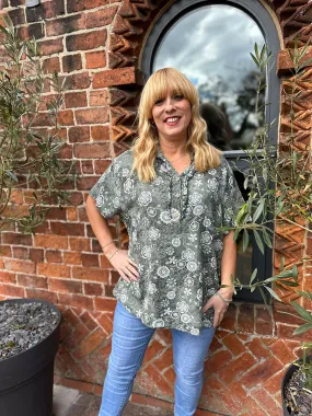 Khaki Floral Patterned Frill Button Top Lisa