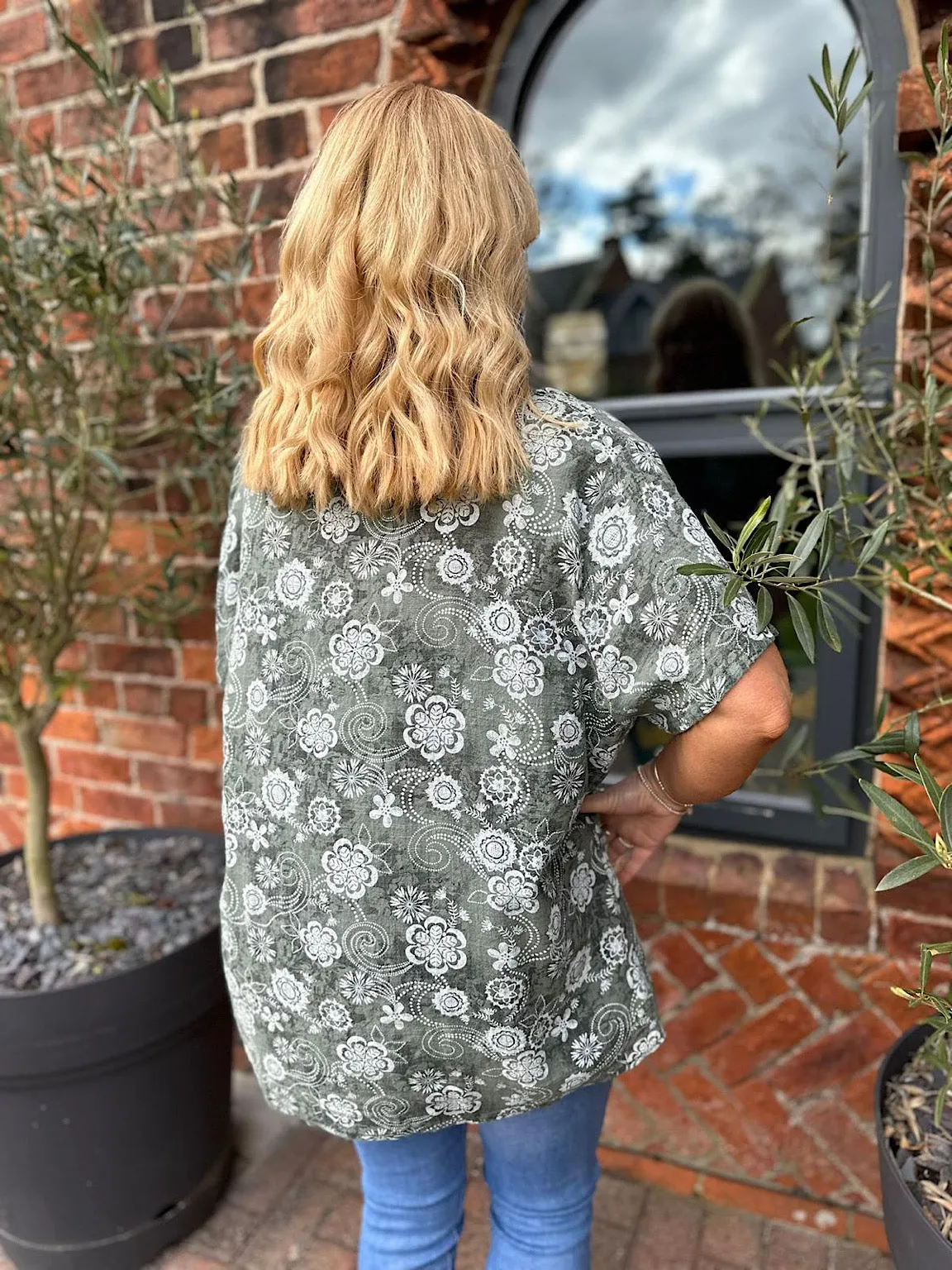 Khaki Floral Patterned Frill Button Top Lisa