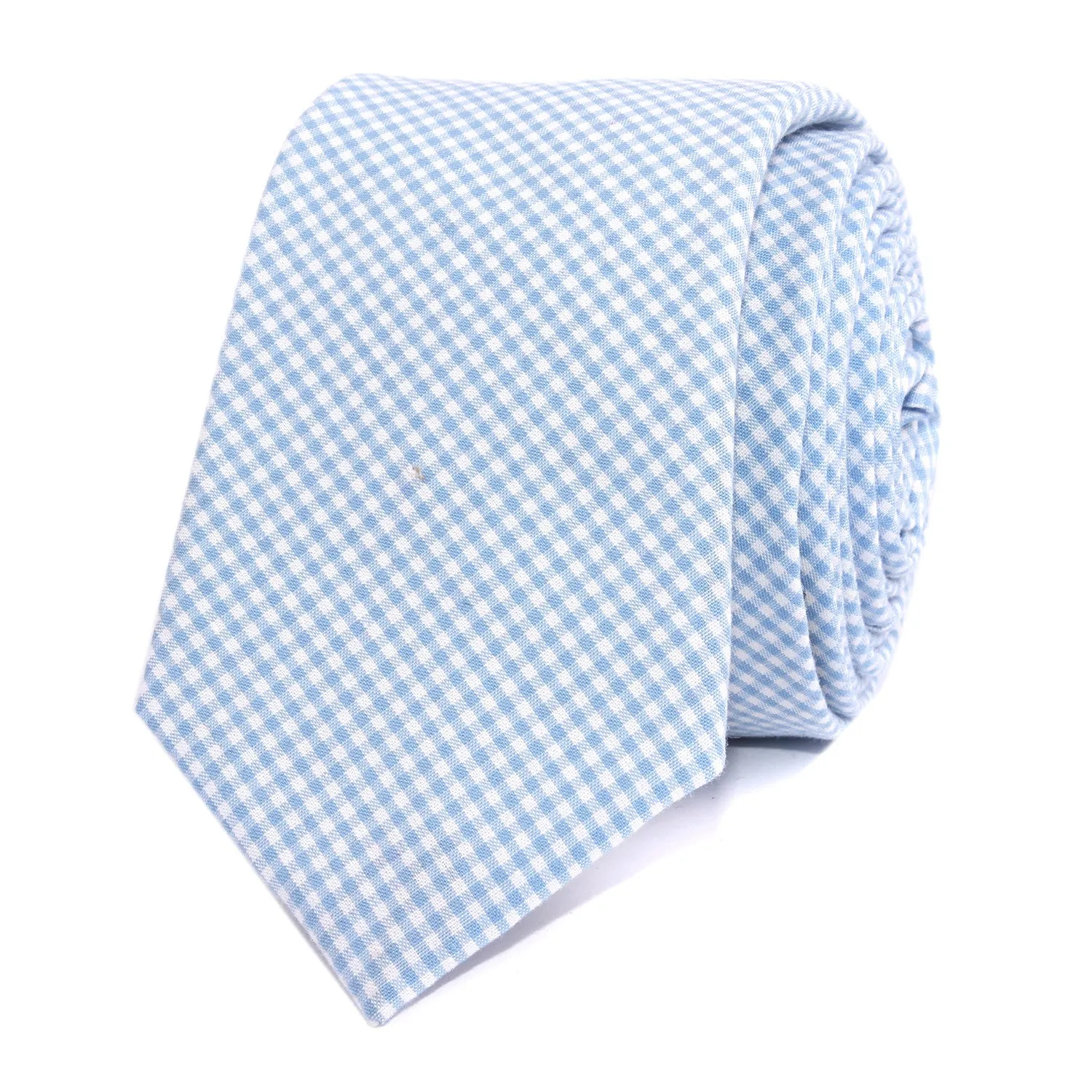 Light Blue Gingham Cotton Skinny Tie