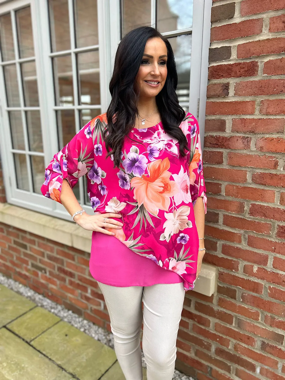 Lipstick Pink Chiffon Layered Floral Blouse Sienna