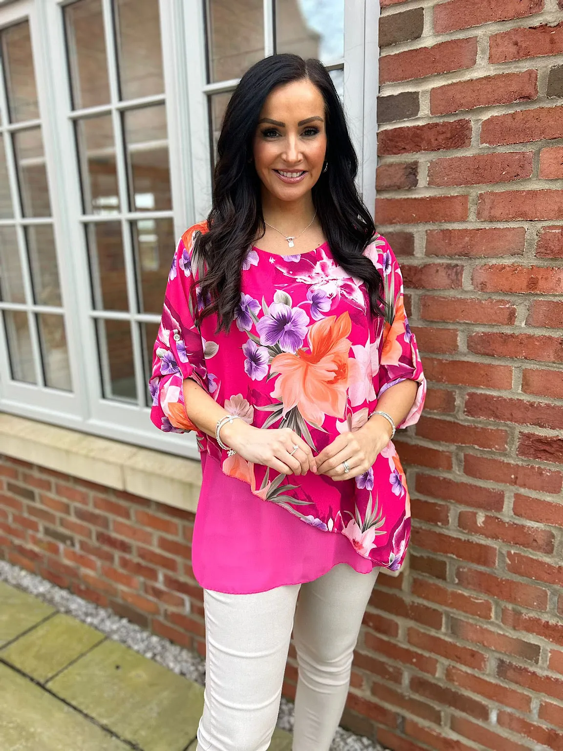 Lipstick Pink Chiffon Layered Floral Blouse Sienna