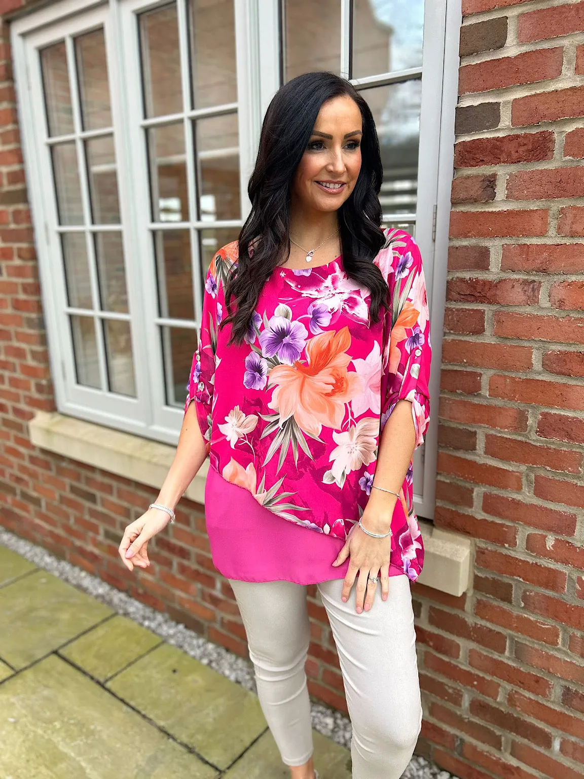 Lipstick Pink Chiffon Layered Floral Blouse Sienna