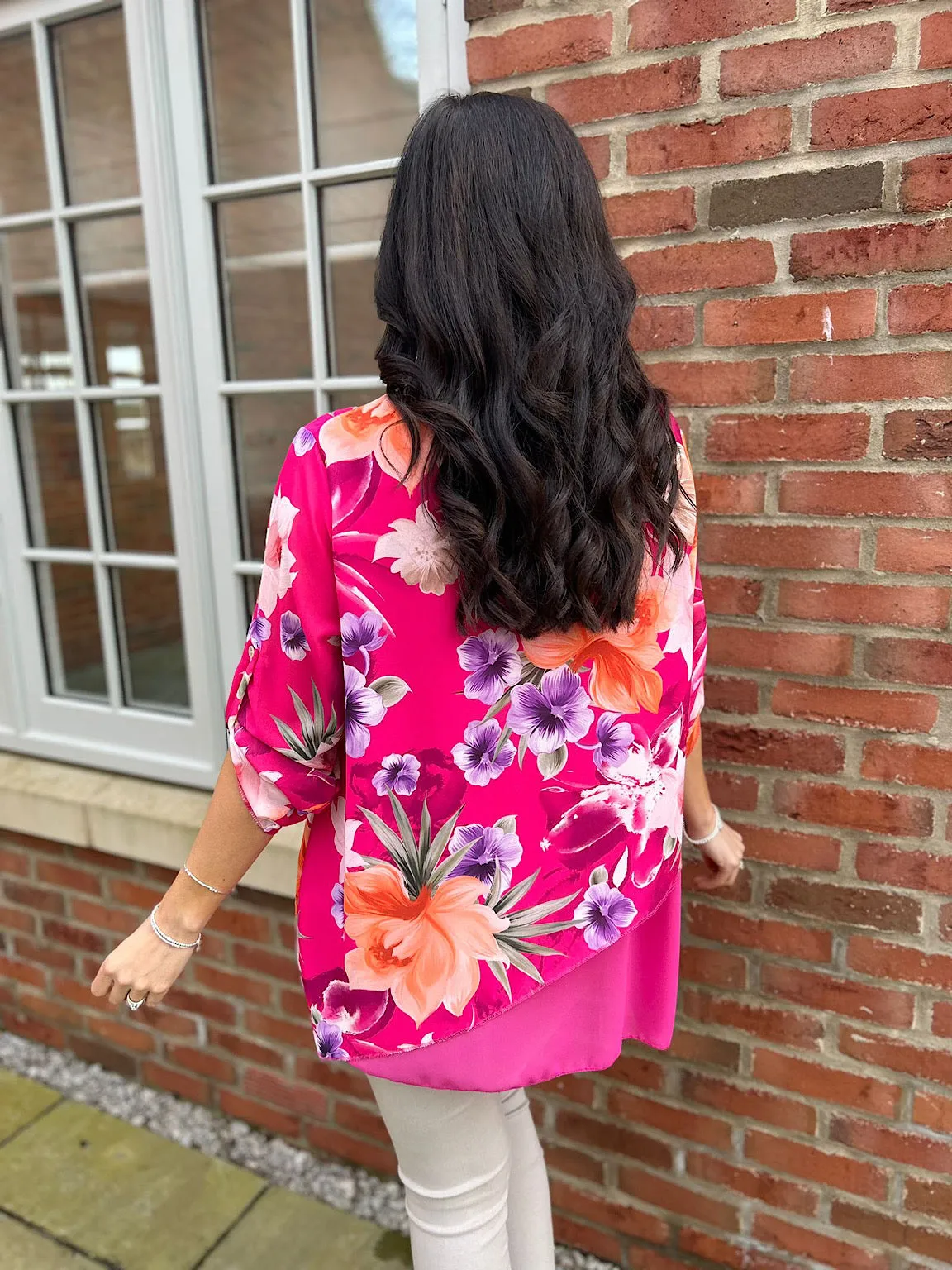 Lipstick Pink Chiffon Layered Floral Blouse Sienna