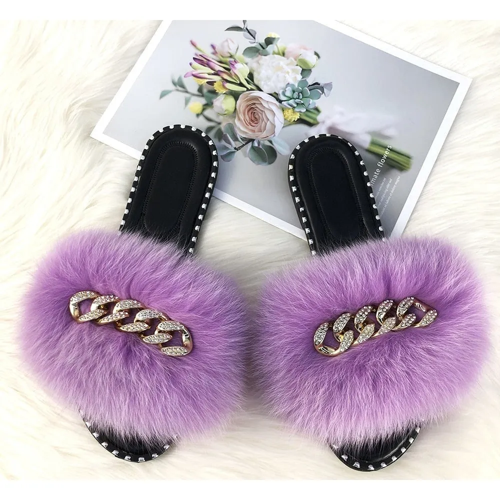 Luxury Summer Taro Purple Fur Slide Flip Flop Flat Fluffy Slippers for Women